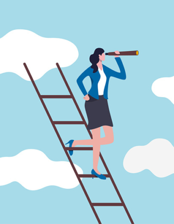 Woman illustration walking down a ladder with telescope